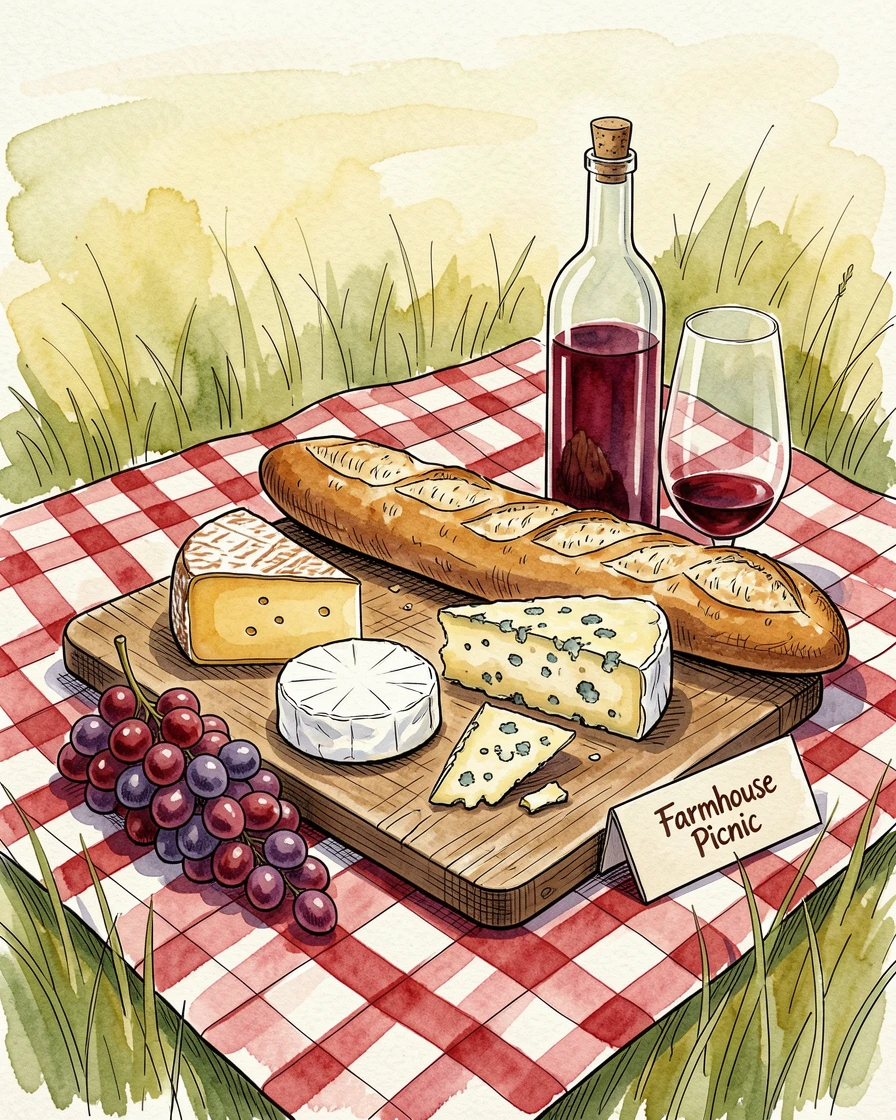 A picnic spread of cheese, bread, and wine laid across a checkered blanket in a sunlit meadow