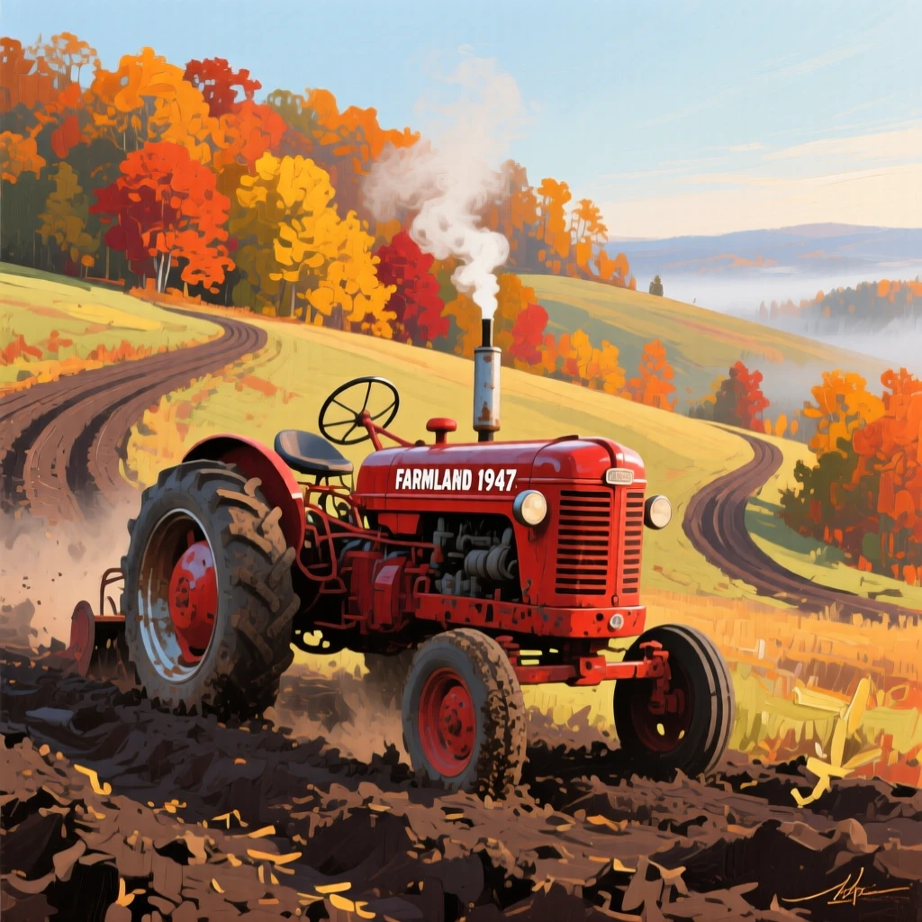 a tractor following curved rows on a hillside, on a crisp autumn morning, composed along a natural leading line.