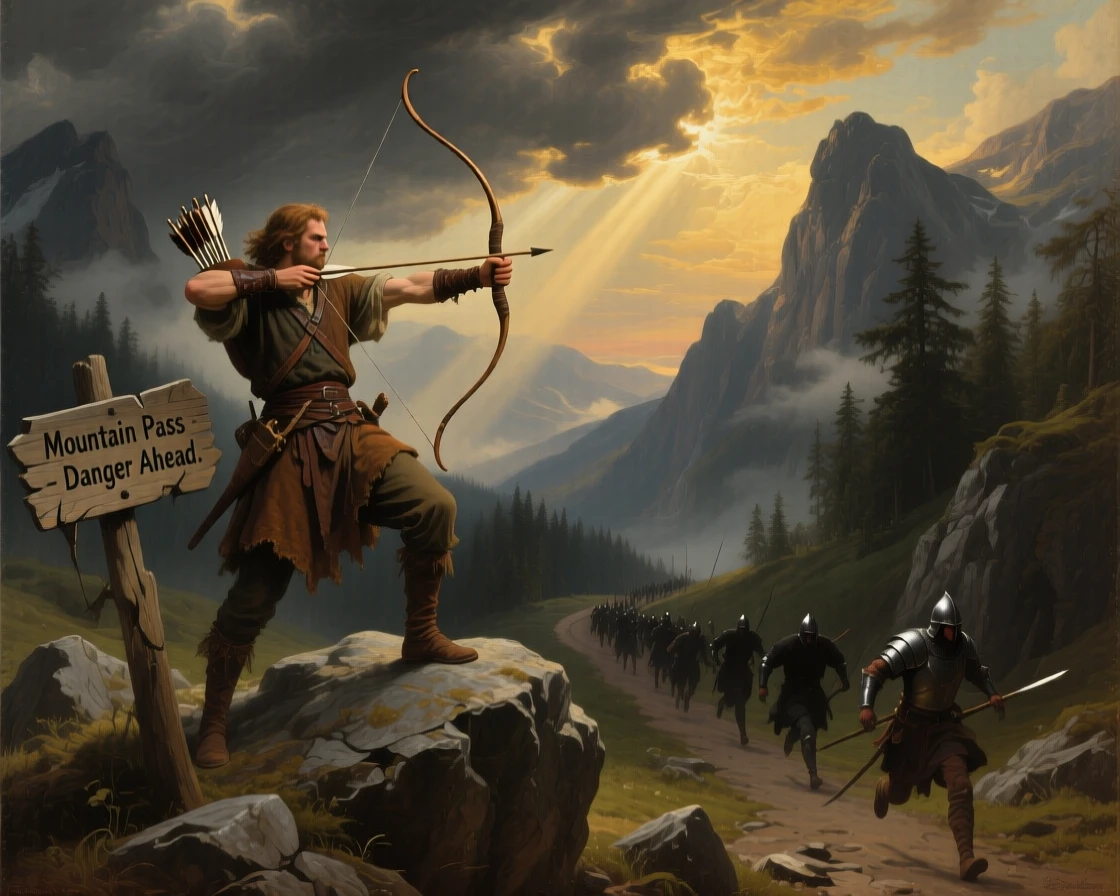 A fearless archer leads the charge against a treacherous mountain pass as the enemy retreats in fear.