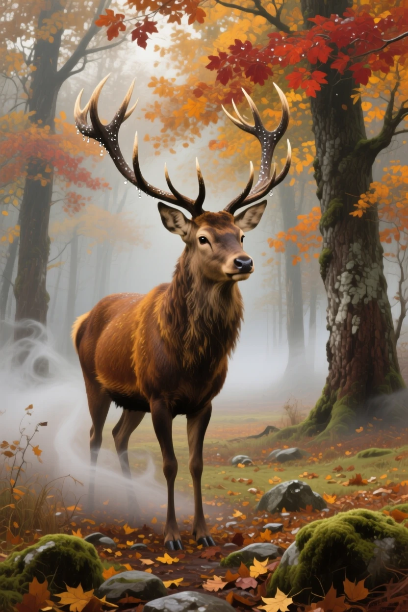 A majestic stag standing proudly in a misty autumn forest clearing, its expression conveying an almost human sense of awareness, highlighting the quiet majesty found in the natural world