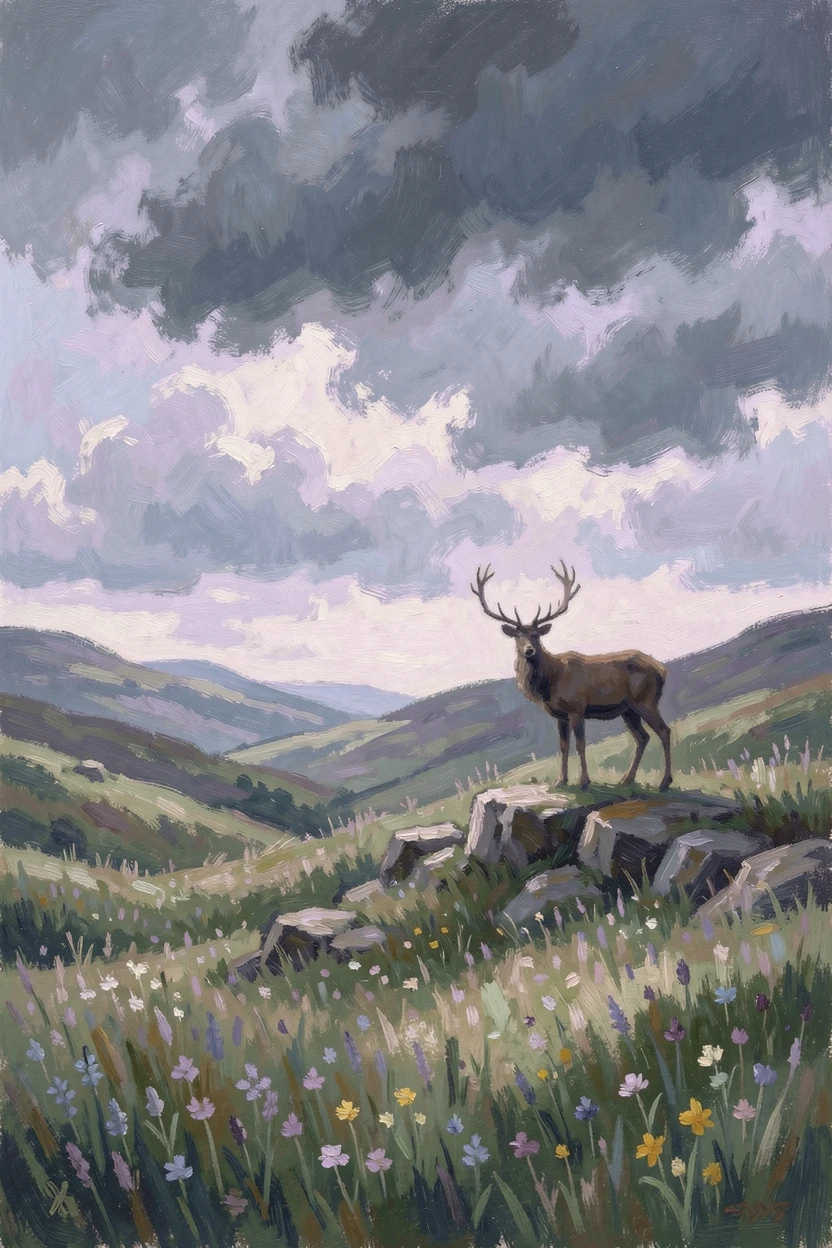 A rugged Scottish highland glen with a solitary stag silhouetted against a dramatic stormy sky.