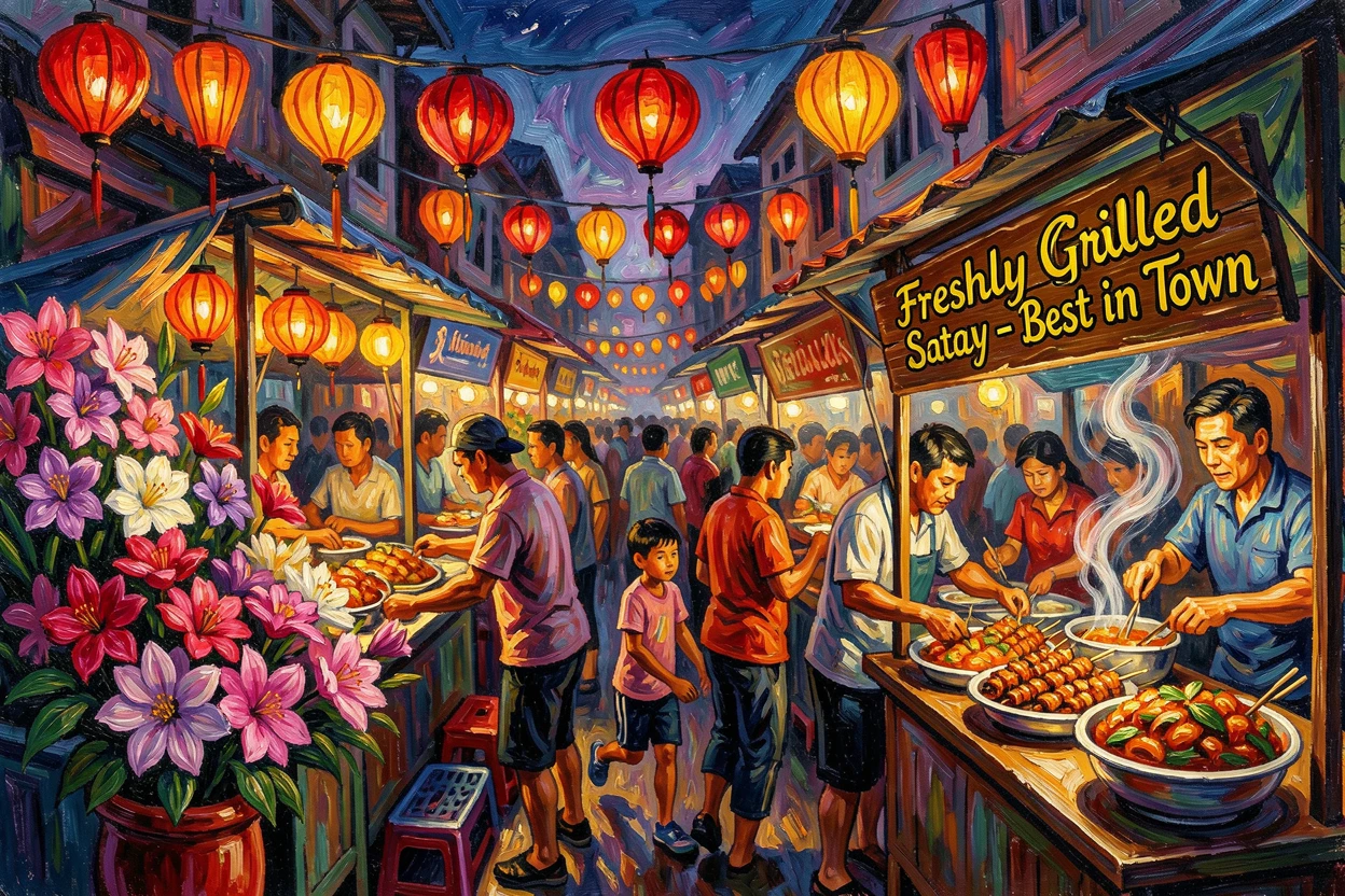 A busy night market in Southeast Asia, lanterns glowing above stalls of food and flowers.