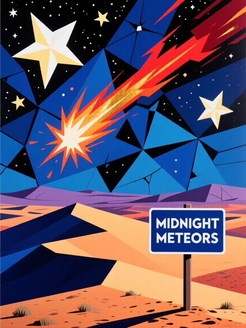 A meteor shower streaking across a star-filled desert sky at midnight.