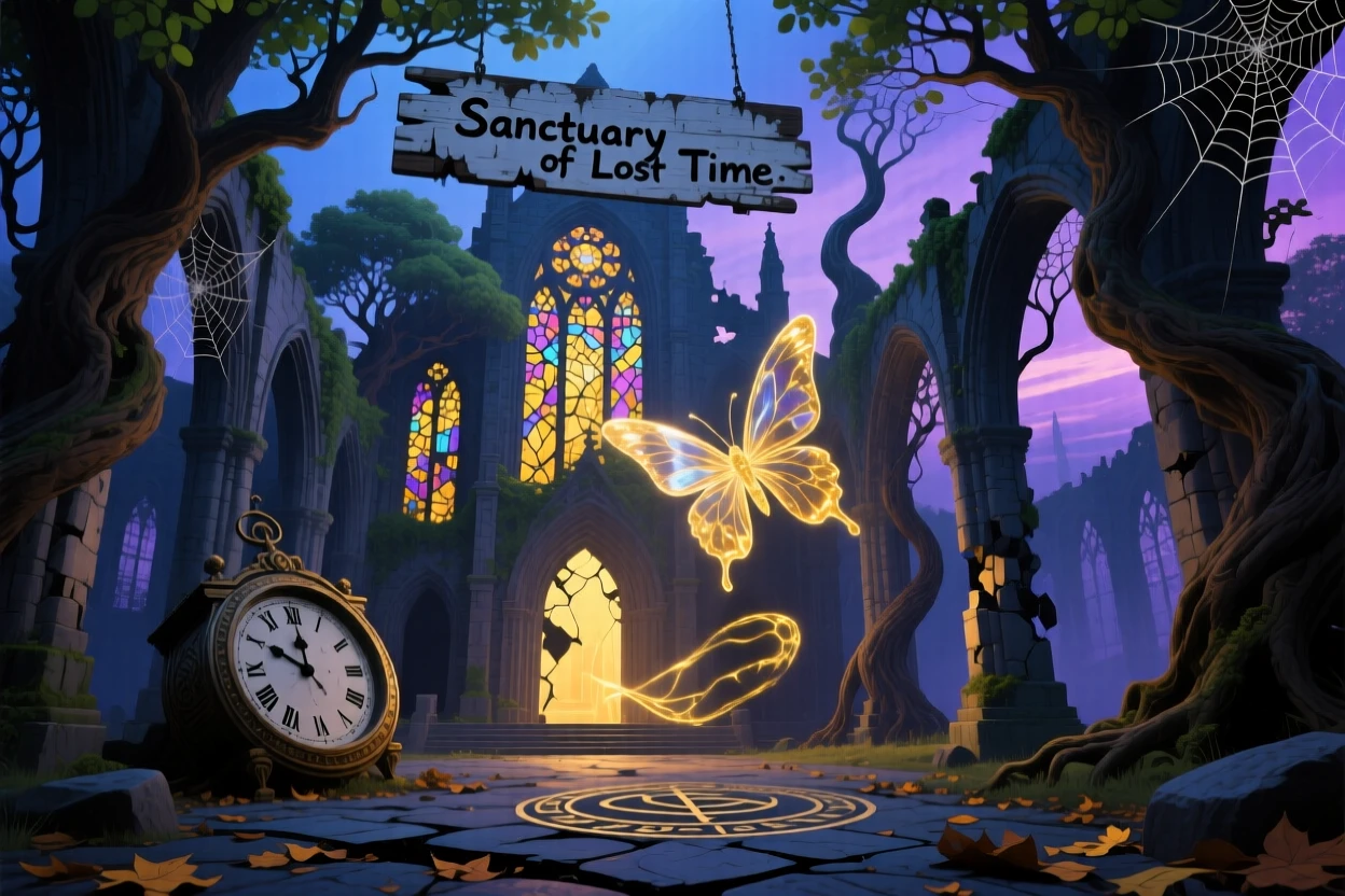 A ruined cathedral with trees growing through its shattered windows glows faintly from within as evening settles over it, as faint golden light spills from cracks in its walls.
