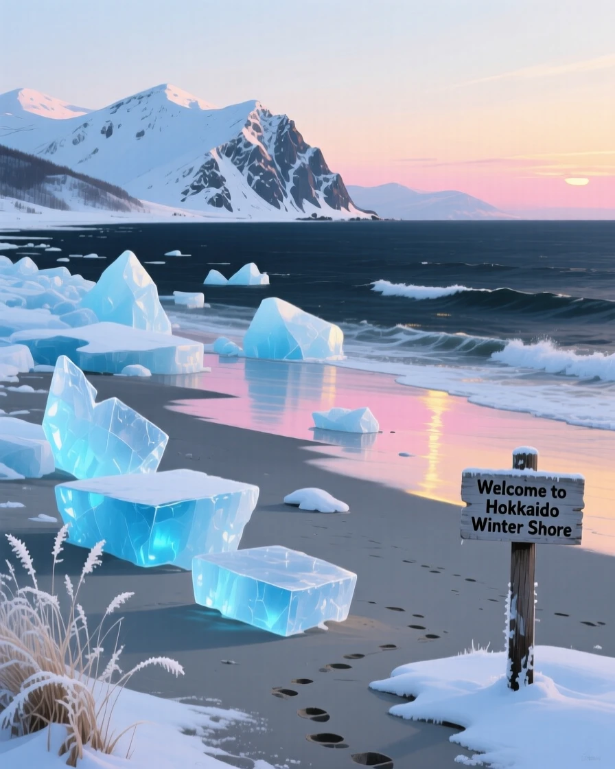A dramatic winter beach in Hokkaido shows ice floes washed ashore glowing blue at dawn, distant mountains dusted with fresh snow, a sense of vast scale emphasized by tiny details that anchor the eye at the edges of the frame.