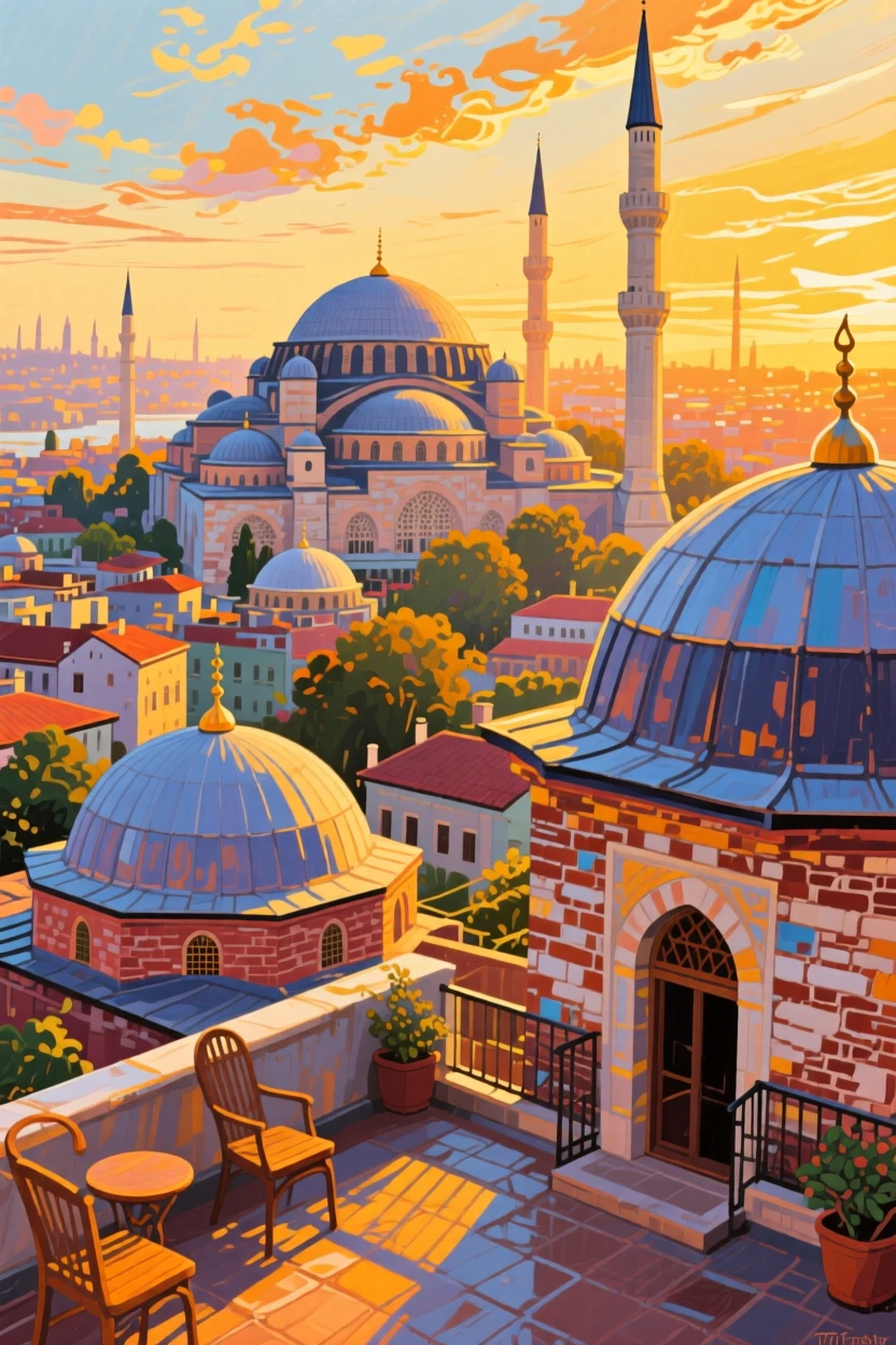 A rooftop terrace overlooking the domes and minarets of Istanbul at golden hour