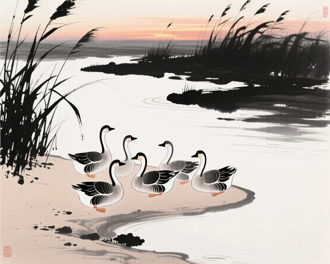 A flock of geese rests on a sandbar at dusk, as reeds rustle along the riverbank below.