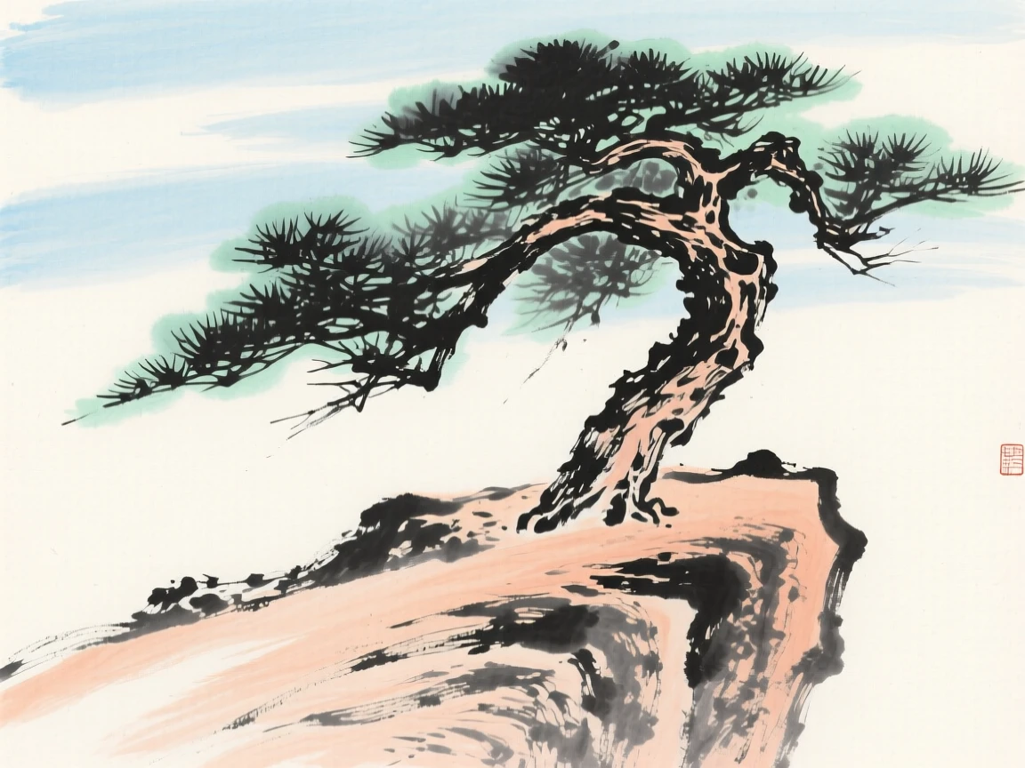 A solitary pine standing atop a windswept ridge, suffused with quiet joy.