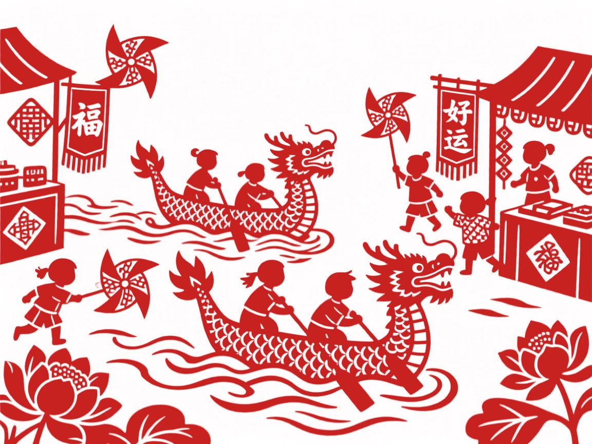 A scene of a riverside dragon boat race, where children weave between stalls chasing paper windmills, with banners embroidered with characters of good fortune.