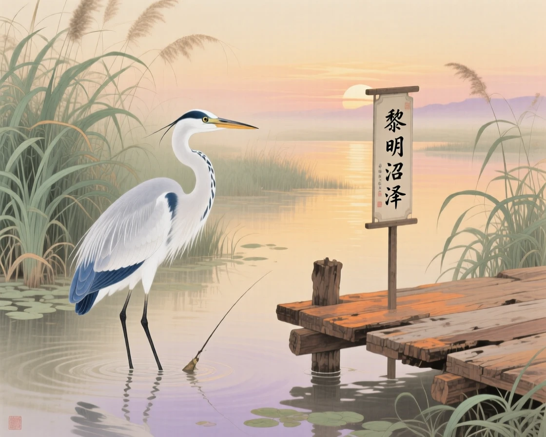 A heron fishing at the edge of a marsh beside a wooden dock at sunrise