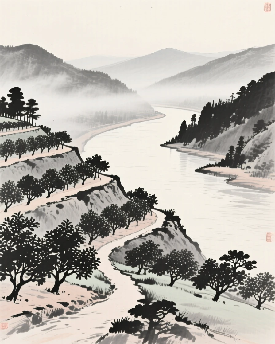 A stepped hillside orchard overlooking a quiet river bend as thin mist rolls slowly through the lower valley, captured from a narrow path winding into the depth of the scene, evoking a deep sense of solitude and quiet grandeur.