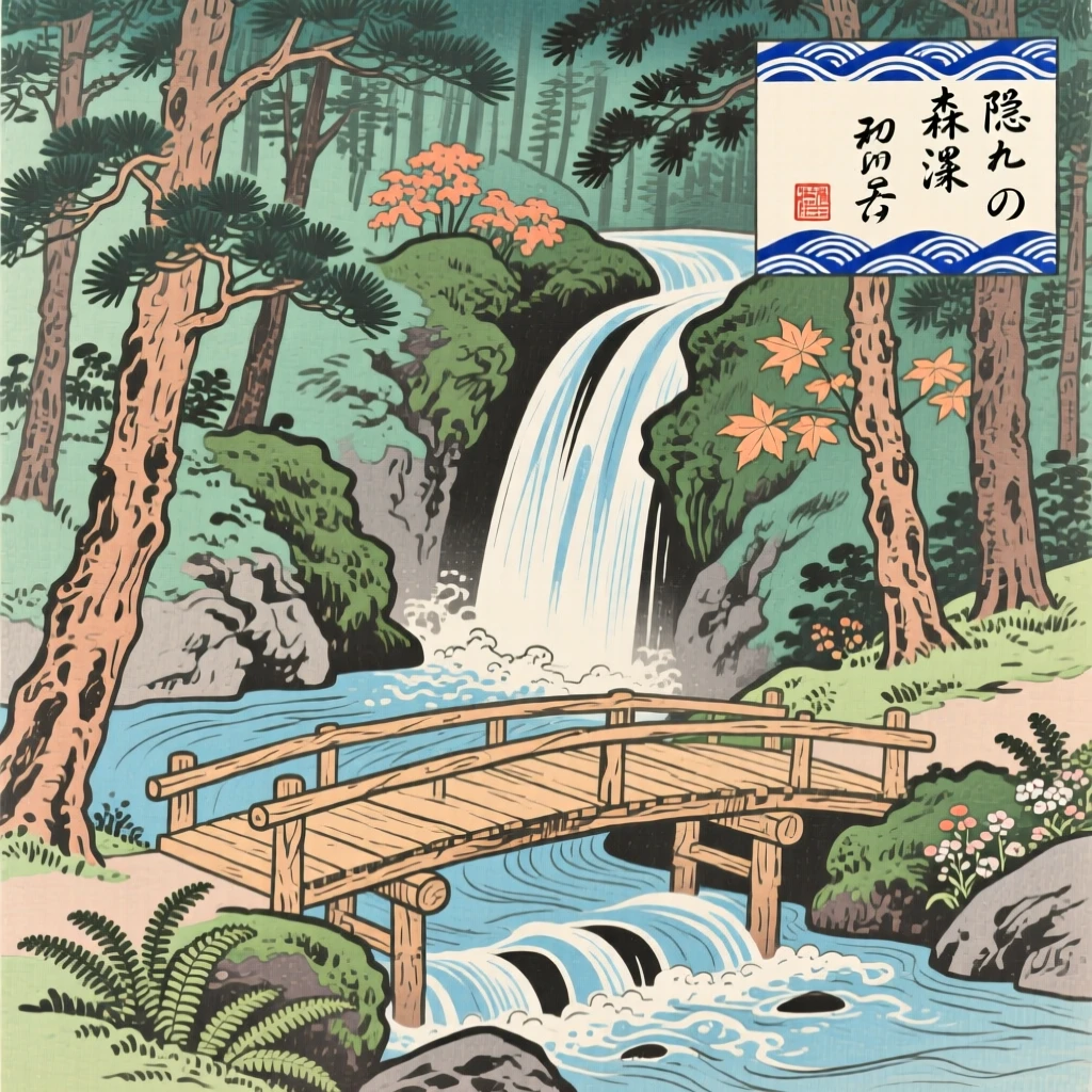 A hidden forest waterfall, crossed by a simple wooden footbridge.