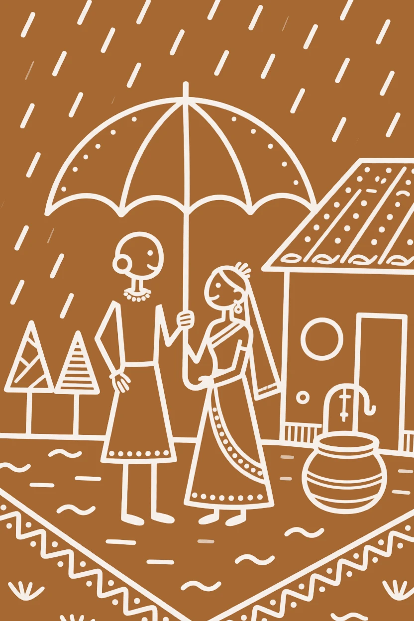 A newly married couple sharing an umbrella during a sudden rain shower in the courtyard of a family home.