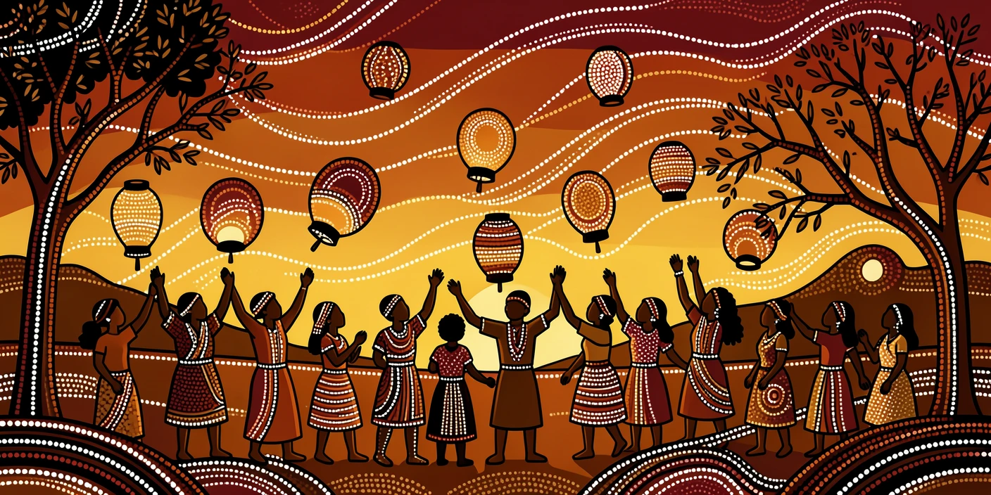 Villagers celebrating a lantern release festival at sunset