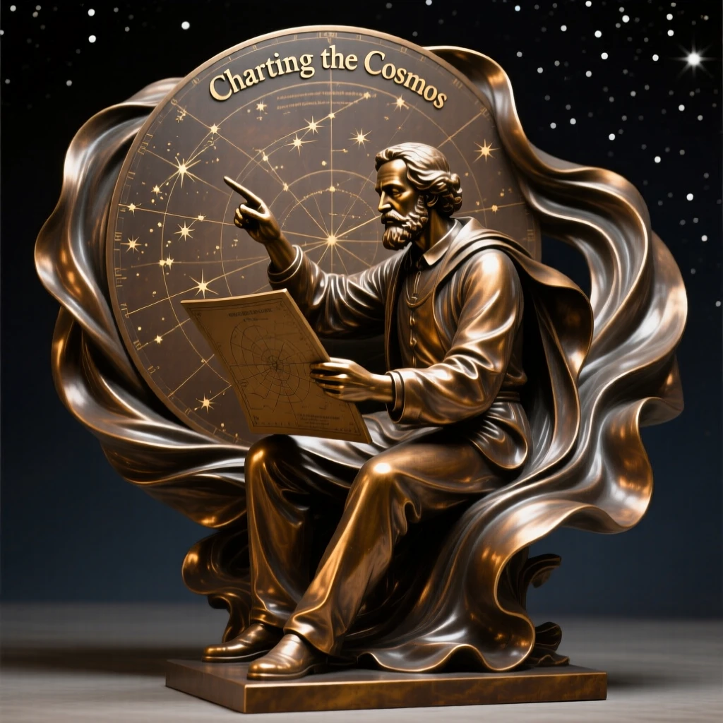 An astronomer charting the night sky, amid a swirl of dramatic drapery, forming a strong central focal point