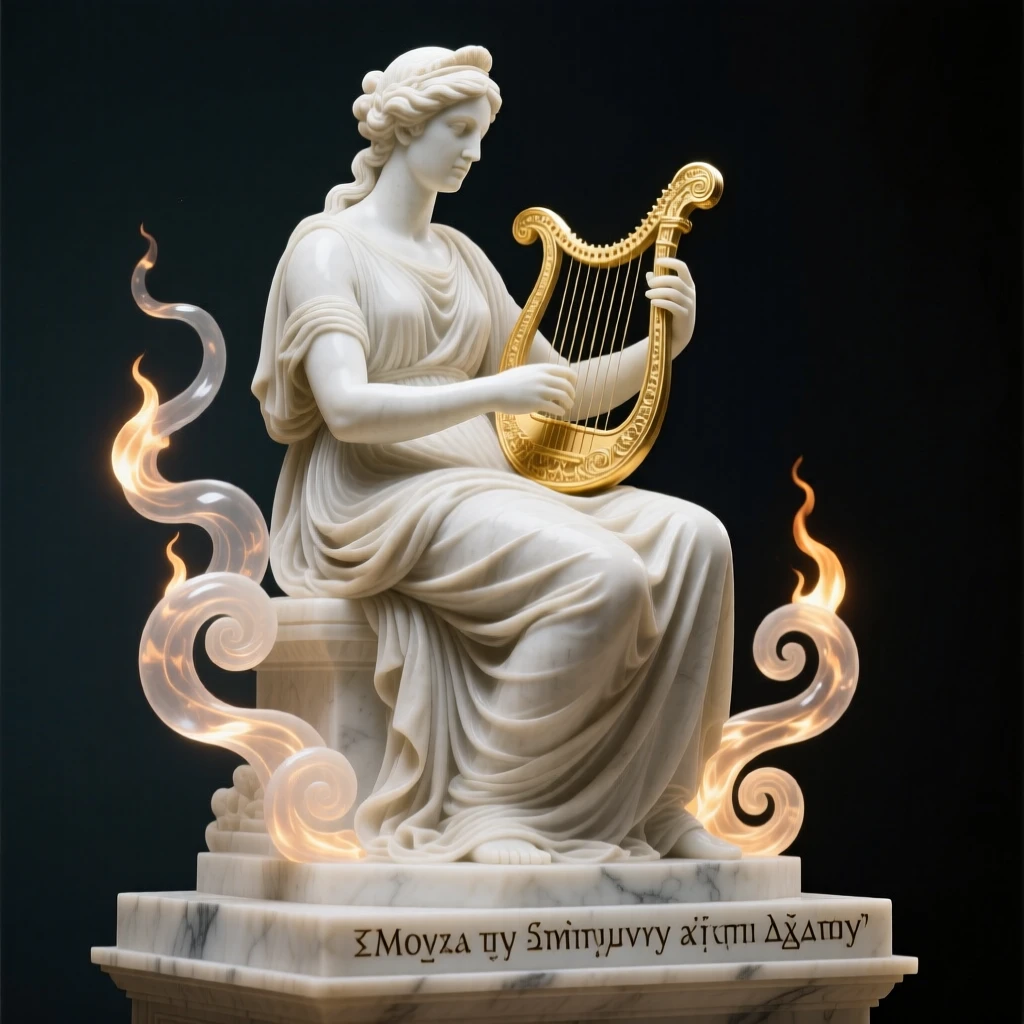A Greek muse playing a golden lyre, surrounded by swirling light and floating embers, radiating power and legend