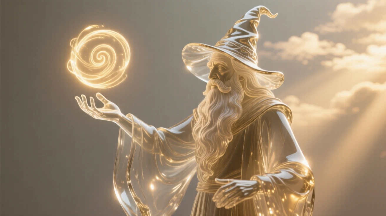 A wise old wizard casting a glowing spell at golden hour with warm rays breaking through the clouds, epic scale composition, inspiring a sense of wonder and hope.