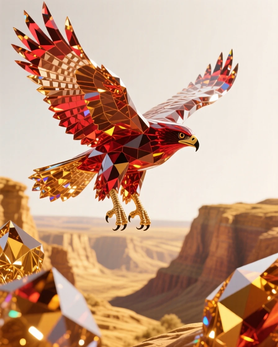 A red-tailed hawk soaring high above a golden canyon landscape.