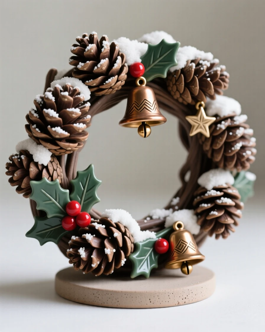 A snow-dusted pinecone wreath caught in a moment of seasonal cheer, decorated with small festive charms, conveying warmth, celebration, and delight.