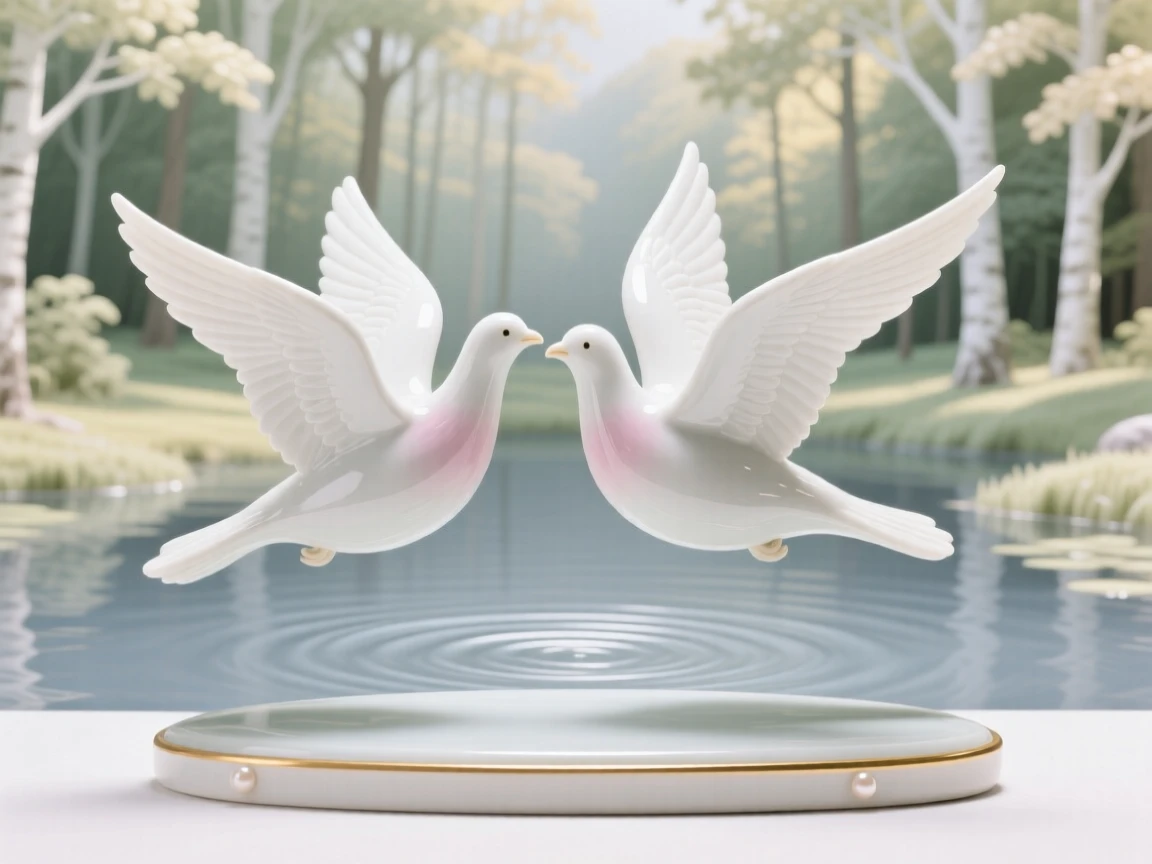A pair of doves gliding together across a still pond beside a sunlit forest clearing.