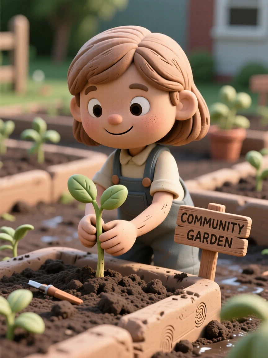 A little girl planting a seedling in a community garden
