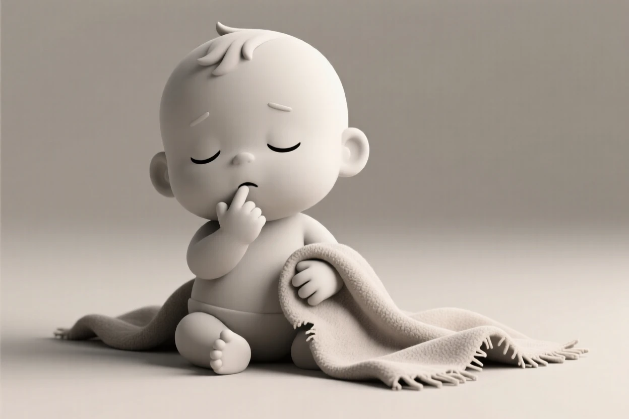 A sleepy toddler drags a worn security blanket across the floor, thumb tucked gently in his mouth.