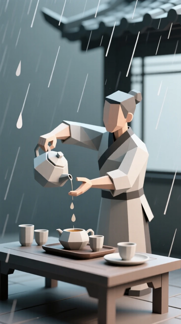 A tea ceremony host preparing a traditional tea set, on a quiet rainy afternoon. dynamic motion is captured with a clear sense of energy. The moment radiates confidence and joy.