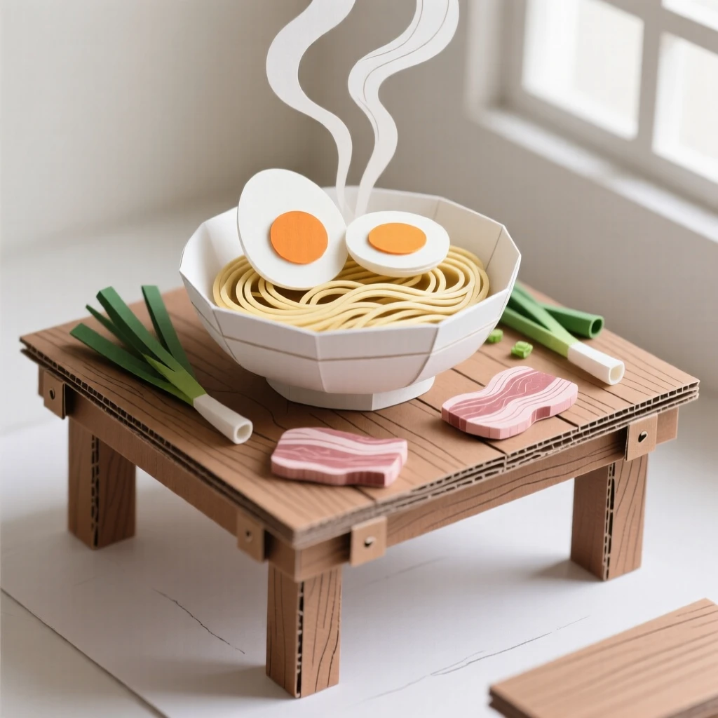 A rustic wooden table set with a steaming bowl of ramen topped with a soft-boiled egg, scallions, and tender pork slices, warm steam rising into soft window light, evoking comfort and rich flavor.