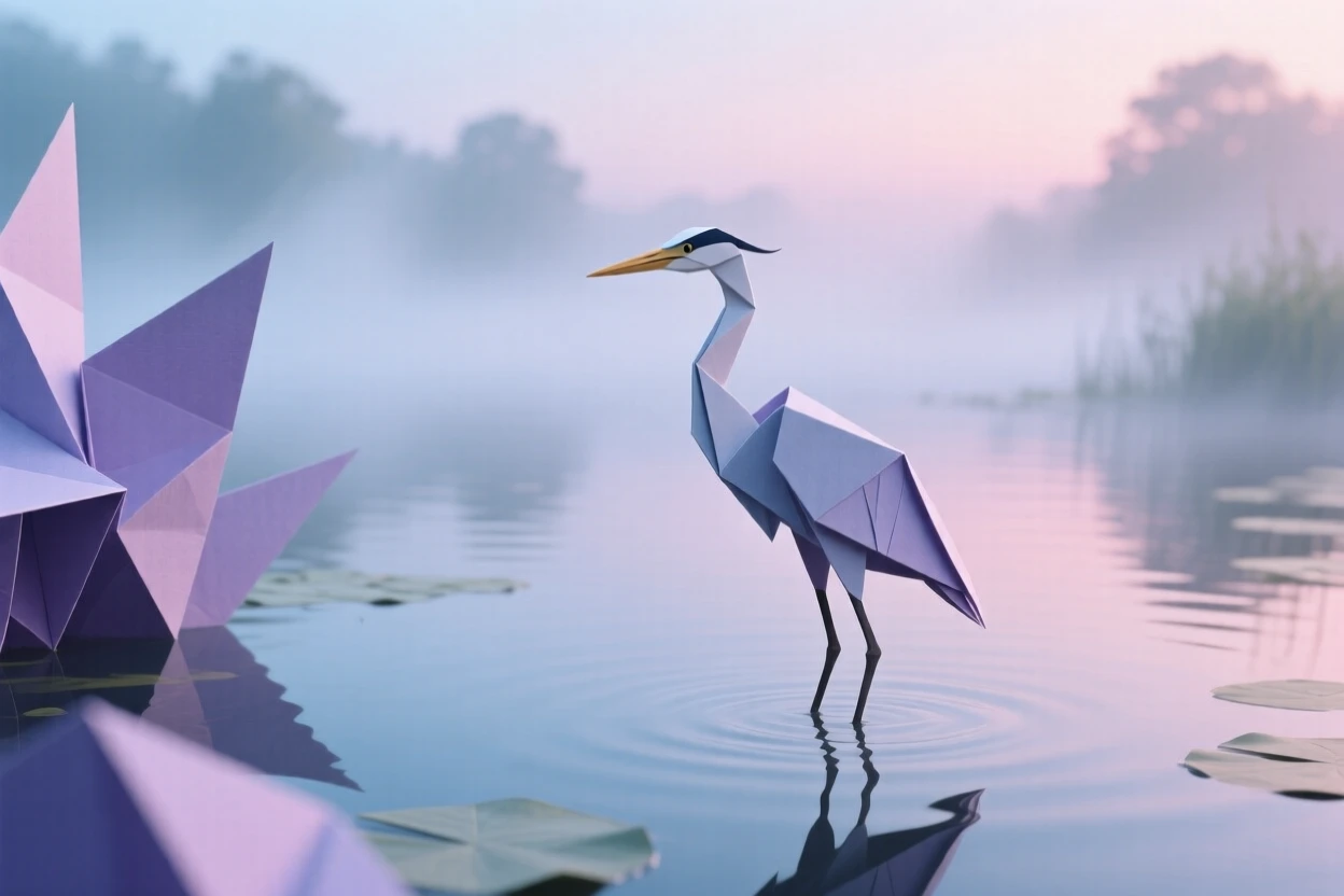 A quiet pond at dawn with mist rising and a single heron standing motionless in the shallows.
