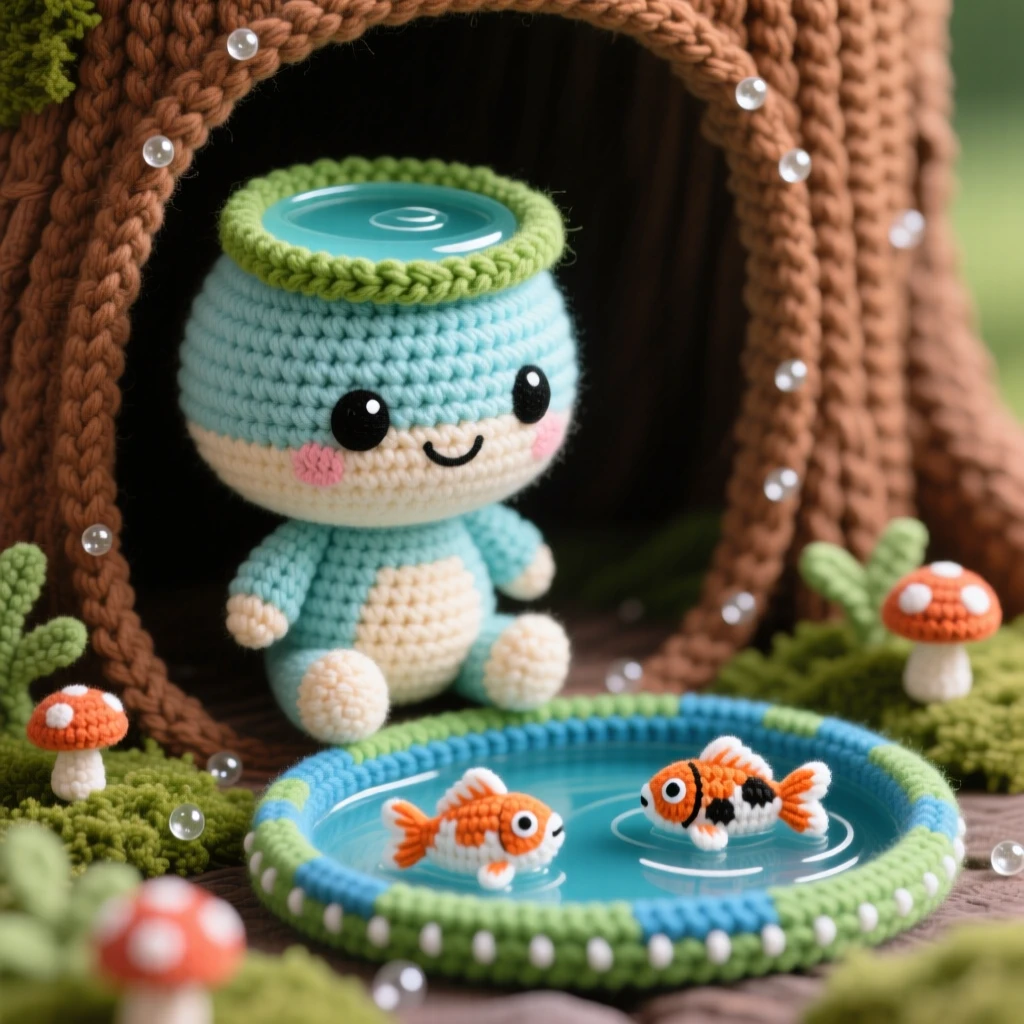 a round baby kappa, with a small water-filled dish on its head, sitting cross-legged beside a koi pond, within a cozy hollow inside a giant tree trunk, near a scattering of shimmering dewdrops, radiating a soft, comforting sense of belonging.