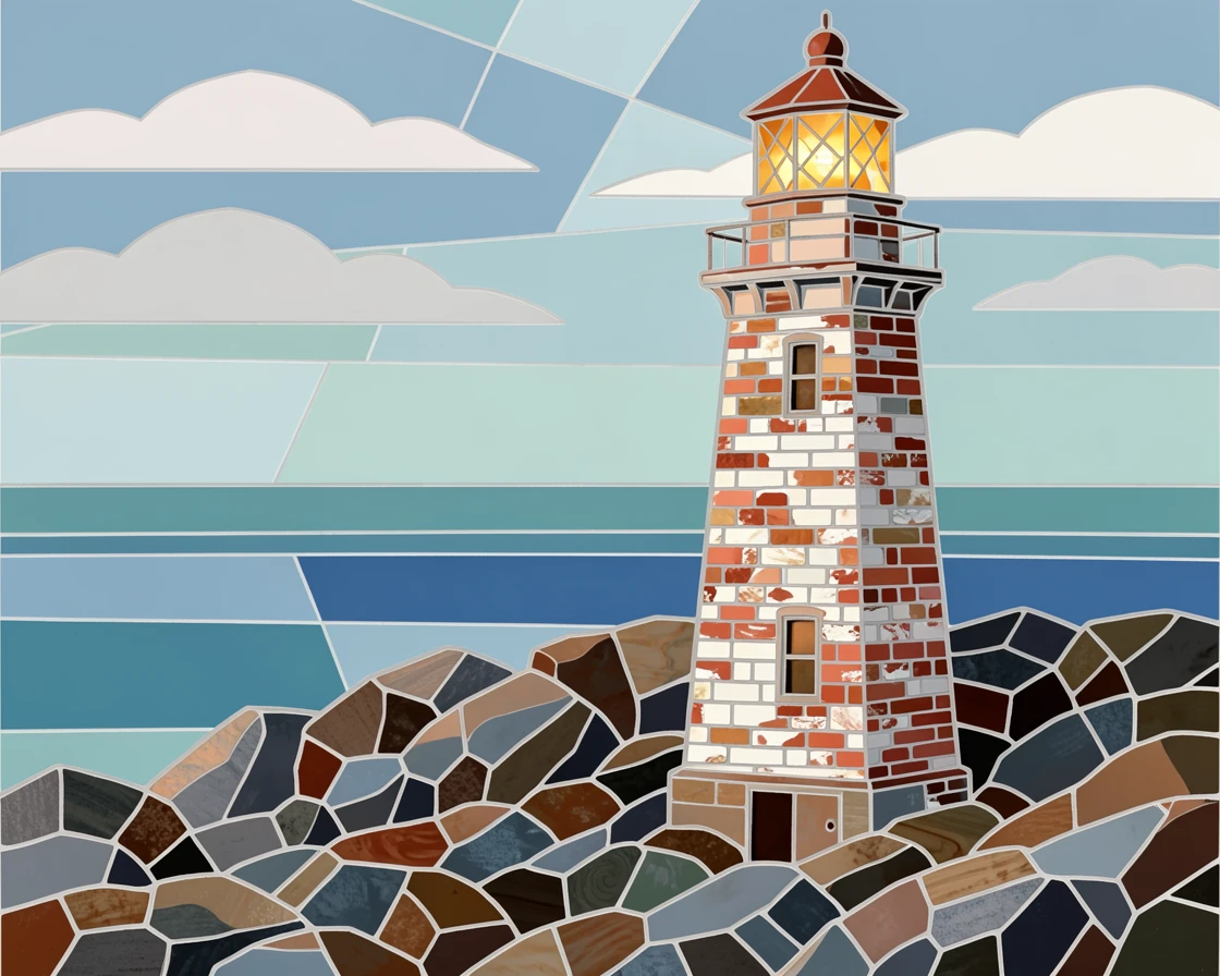 A rustic lighthouse standing on a rugged New England coastline.