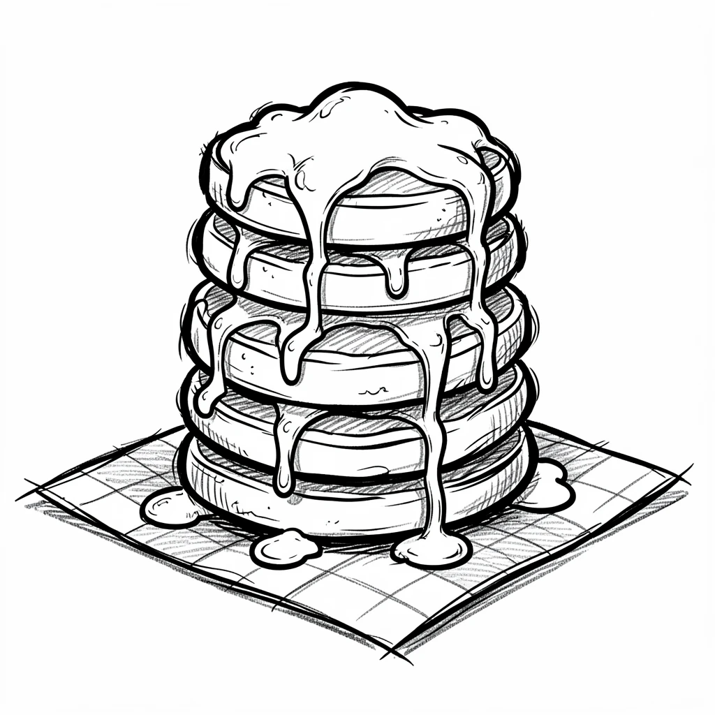A stack of fluffy pancakes with syrup sitting on a picnic blanket.