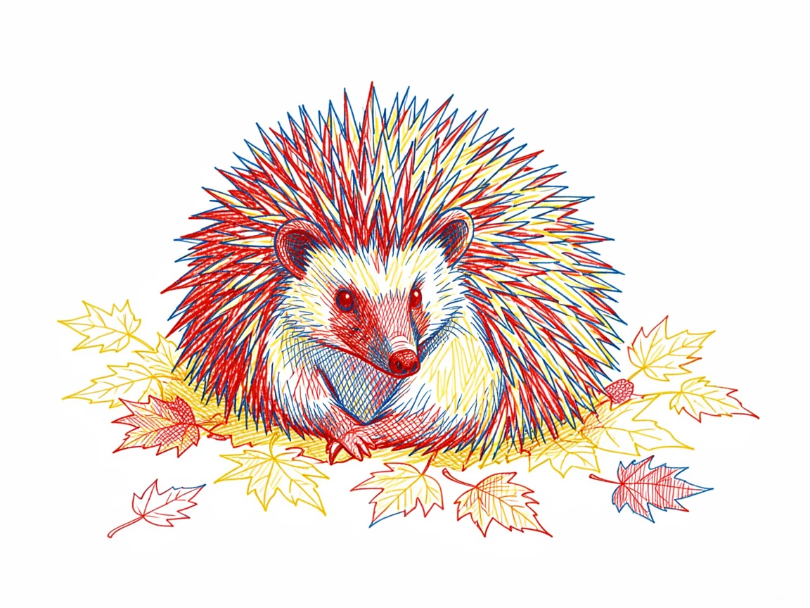 A hedgehog curled into a ball among fallen autumn leaves
