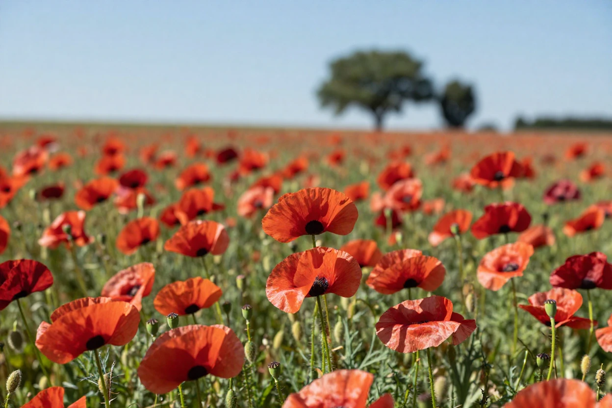 A field of red poppies swaying in a summer breeze