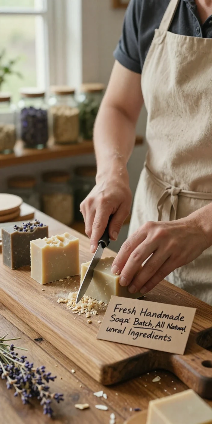 A soap maker cuts a fresh batch of handmade bars on a wooden cutting board.