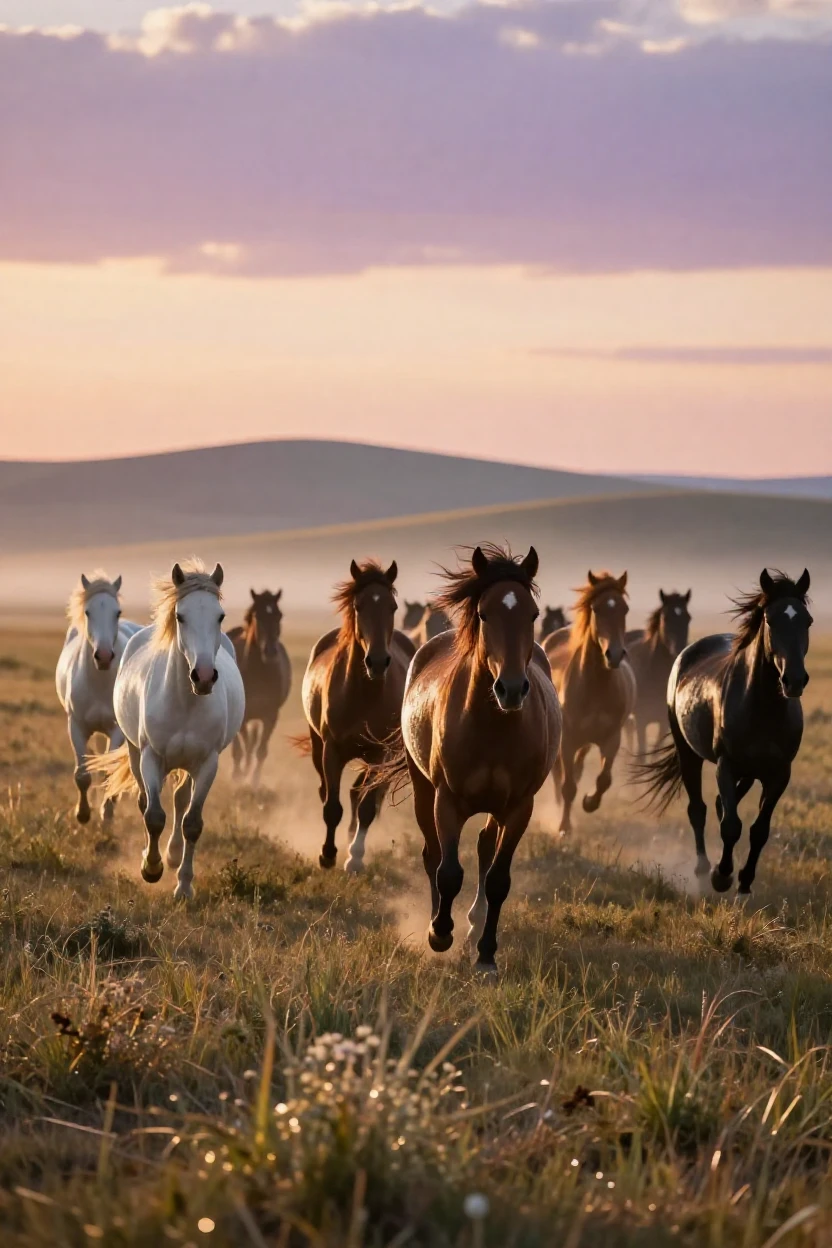 A herd of wild horses running freely across an open prairie at dawn