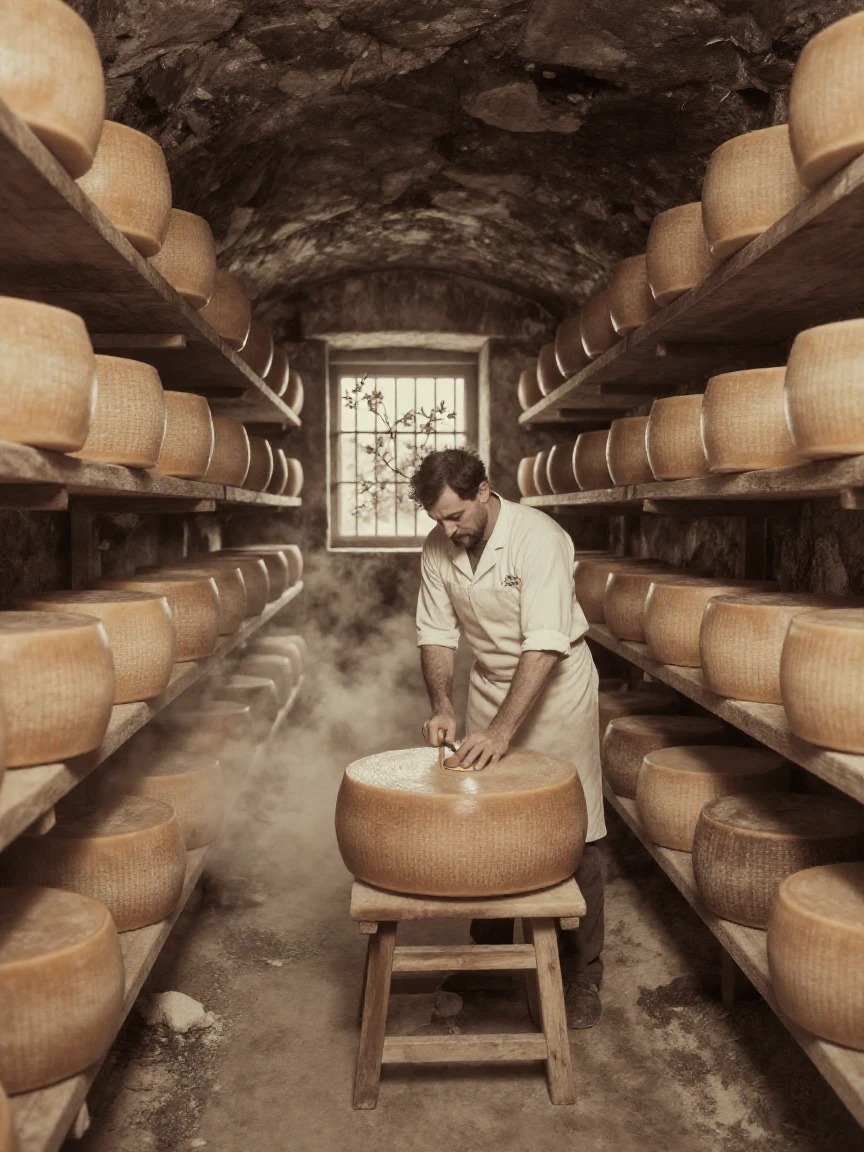 A traditional cheesemaker turning wheels of aging cheese in a cellar, in low lamplight, as mist rises off the ground, as spring blossoms unfurl, with a soft sepia-tinted glow, framed symmetrically down a long corridor.
