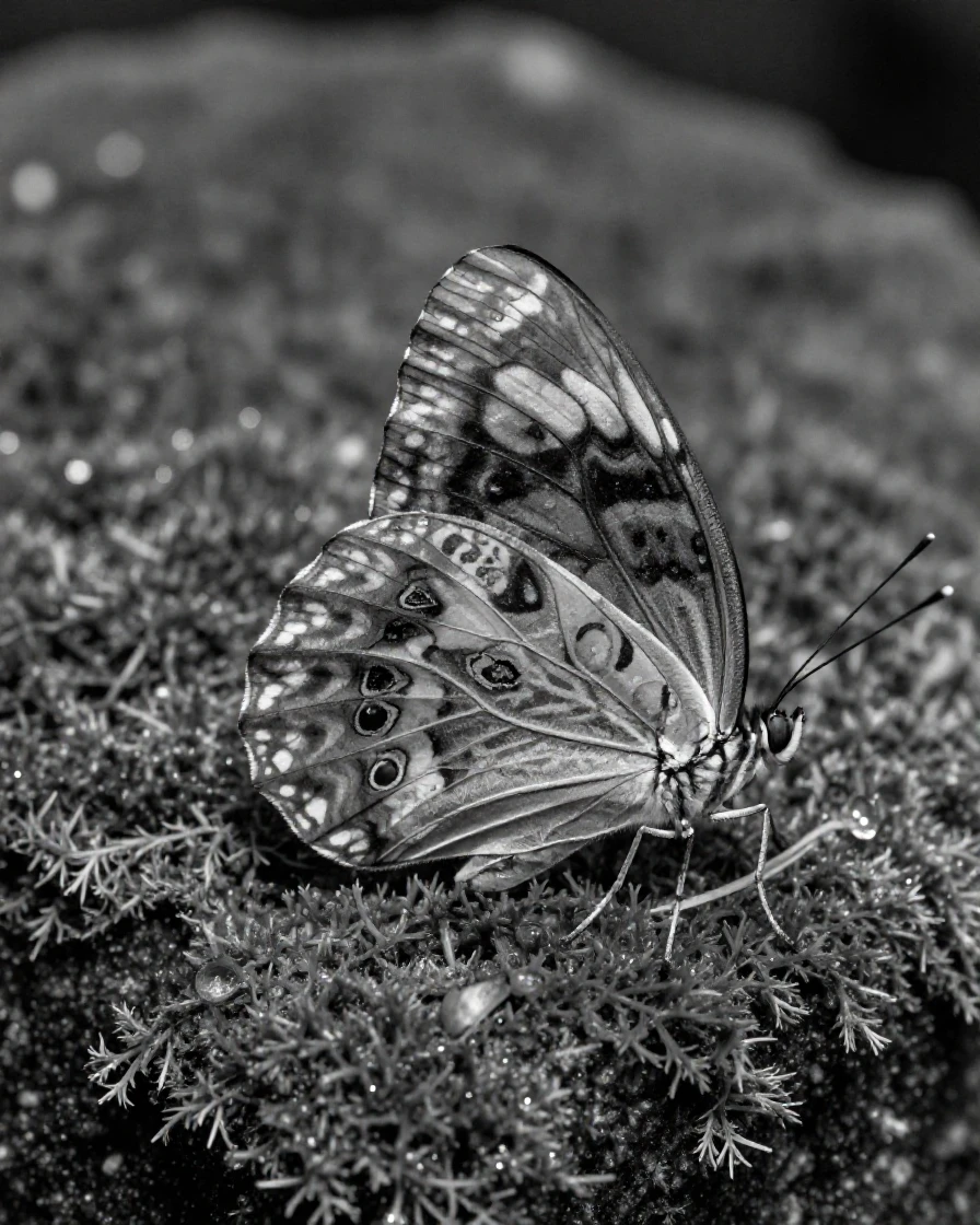 A butterfly wing reveals intricate patterned scales resting on a mossy stone.