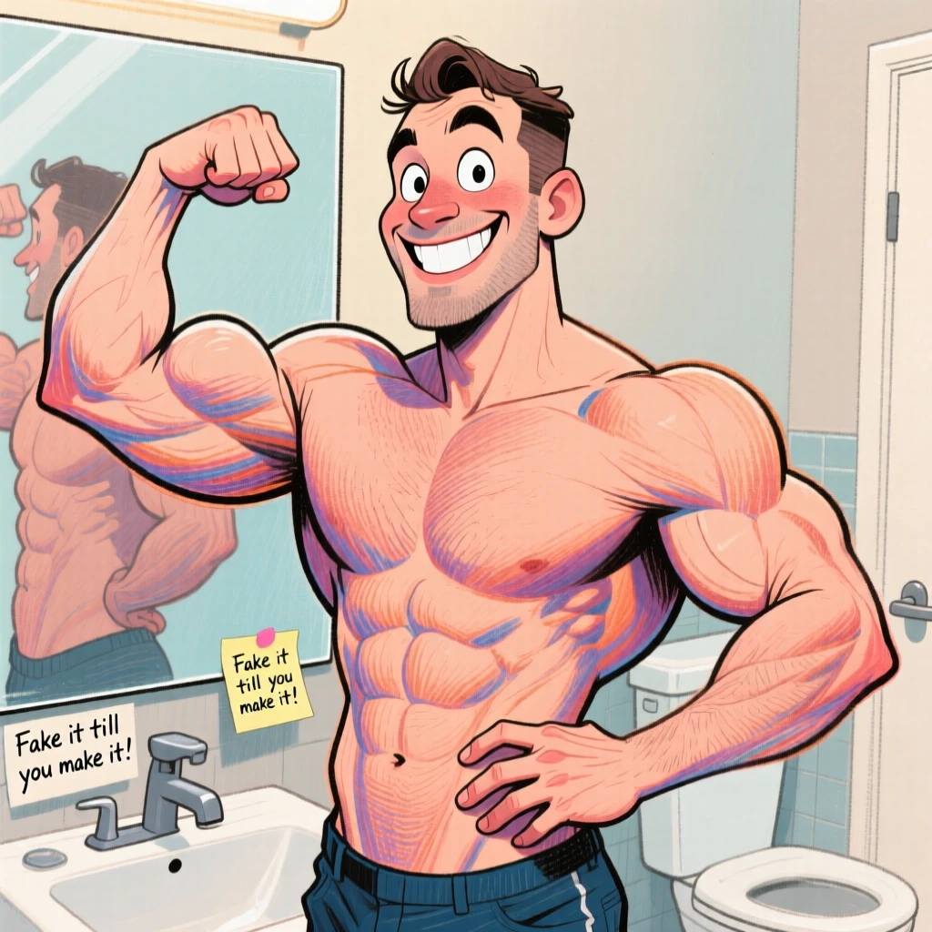 A man flexing in the mirror while secretly holding in his stomach.