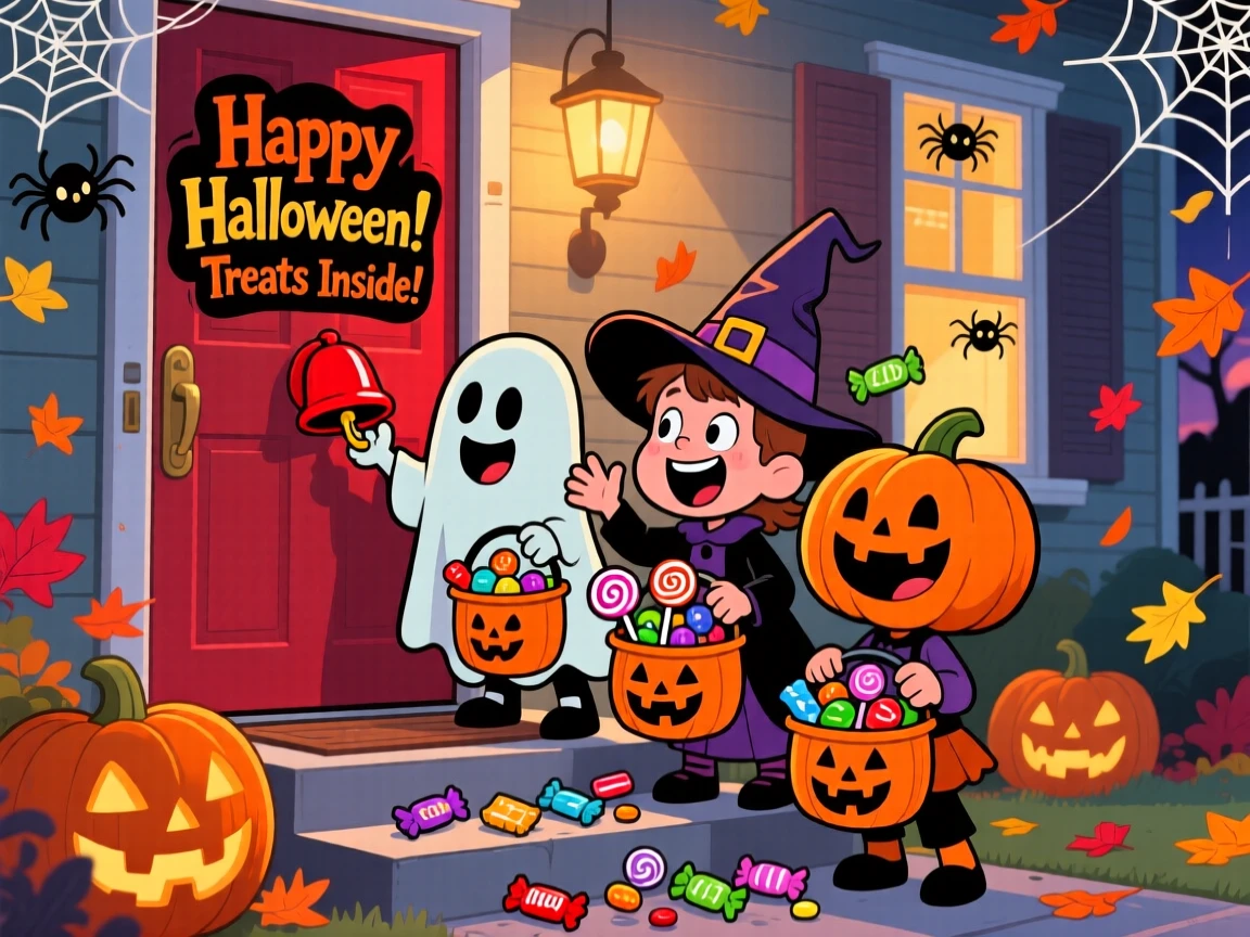 A festive celebration scene of trick-or-treaters in playful costumes ringing a doorbell, pumpkin buckets overflowing with candy.