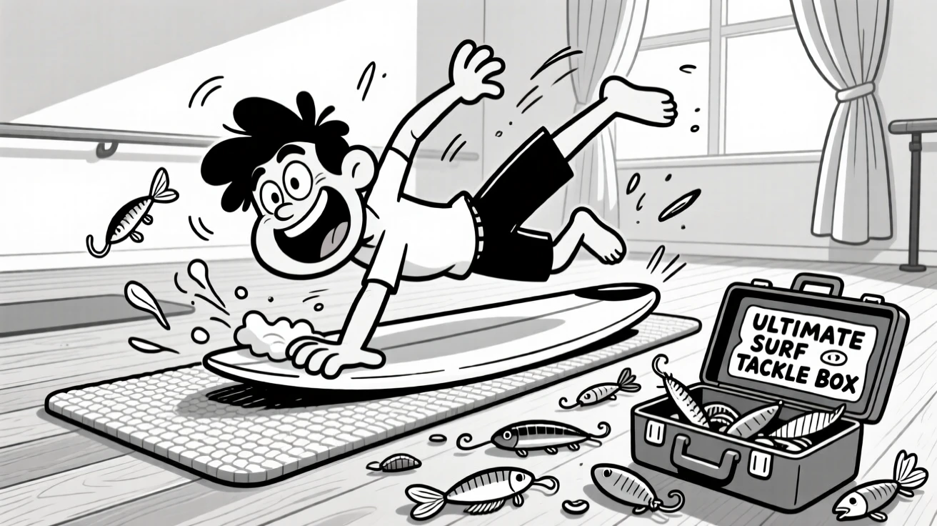 A surfer wiping out spectacularly, leaning into the screen as if that alone might win the game, set on a yoga mat in a tranquil studio. A tackle box lies open, lures spilling out. There's pure, giddy passion radiating from the scene.
