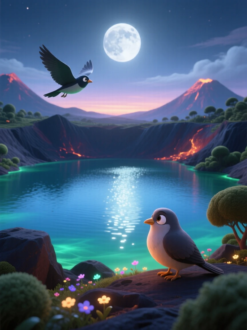 A volcanic crater lake glows as the moon rises slowly above the horizon, with a lone bird gliding silently overhead. The atmosphere feels fresh, alive, and untouched.
