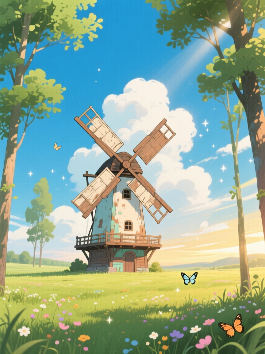 A charming view of a windmill standing alone against a wide open sky, framed by tall trees and drifting clouds.
