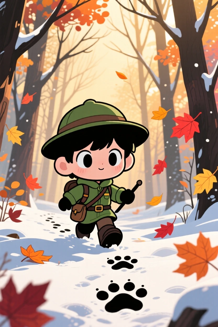 In a quiet winter forest, a determined ranger is tracking paw prints through fresh snow with autumn leaves swirling around, bathed in warm morning light filtering through leaves, expression full of eager anticipation. Shot as a silhouette composition.