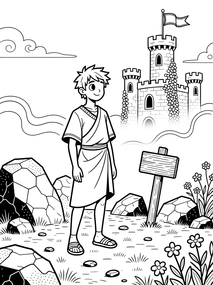 A cyclops standing among fallen boulders, with an ancient castle rising in the misty distance.
