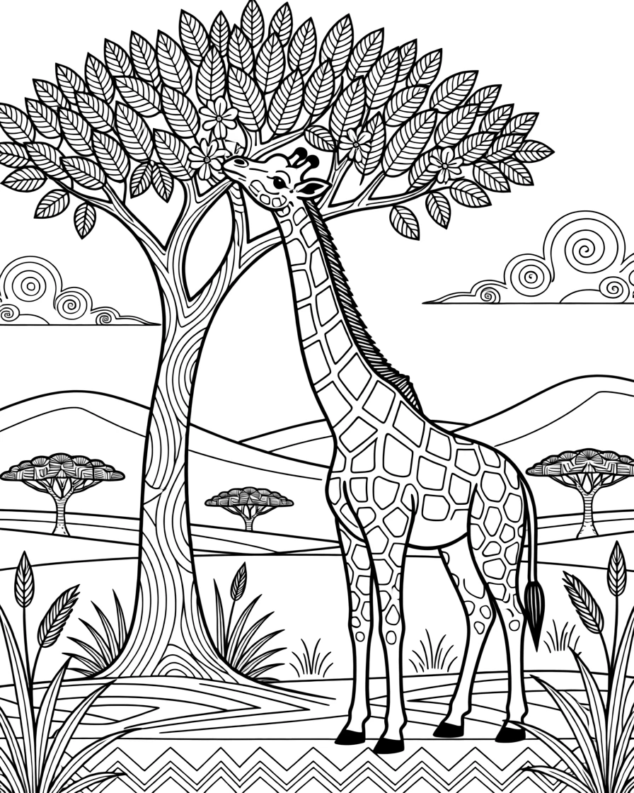 A giraffe reaching to nibble leaves from a tall acacia tree.