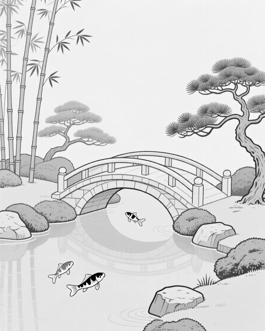 A tranquil Japanese garden with a curved stone bridge