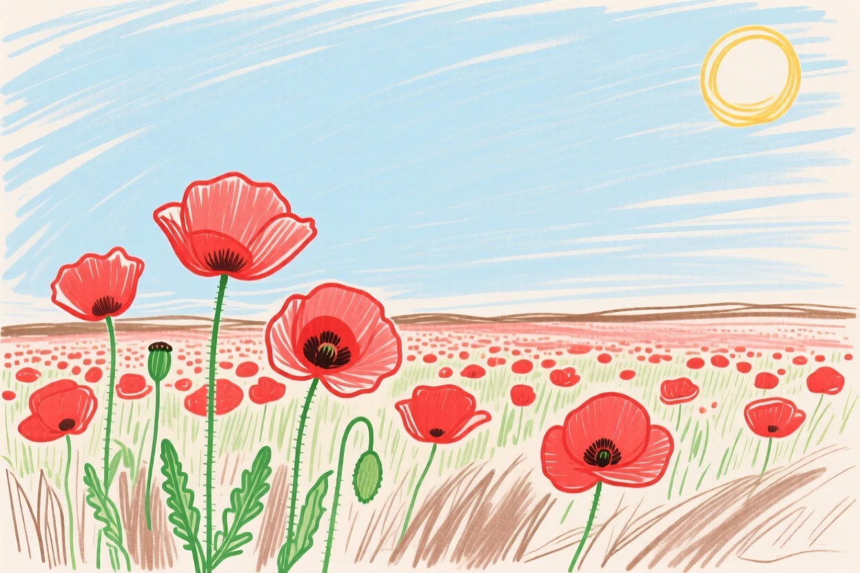 A field of red poppies beneath a clear summer sky.