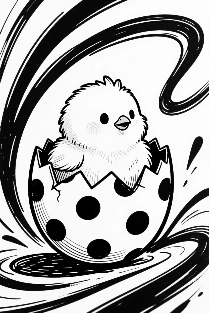 A round fluffy chick character hatching from a polka-dot egg.