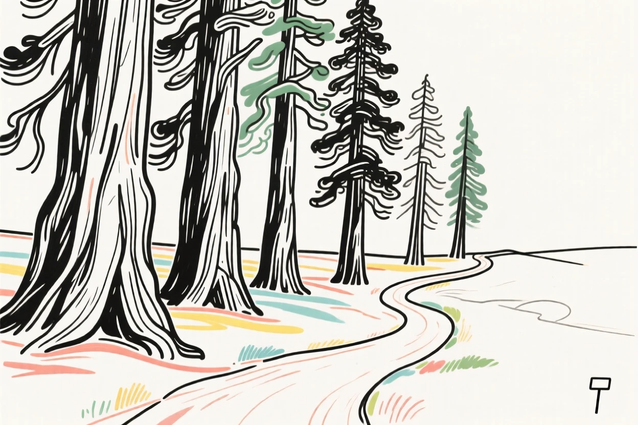 A row of towering sequoia trees dwarfing a winding hiking trail.